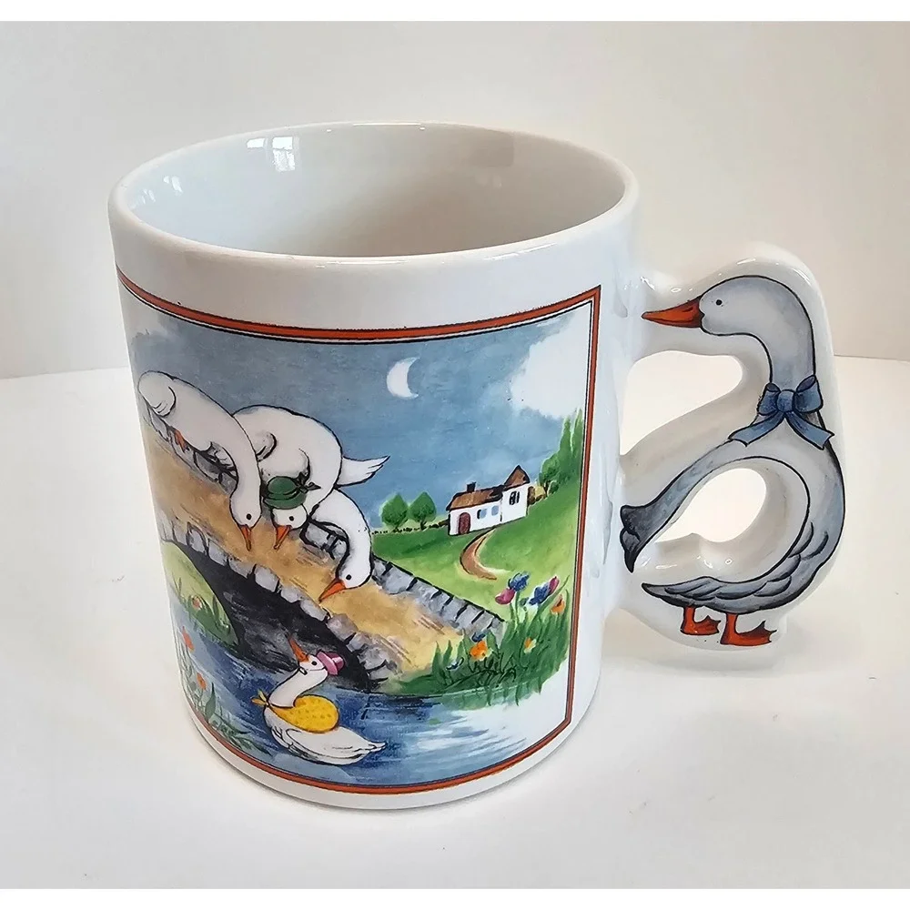 80s Country Geese Bridge Mug Sculpted Goose Handle Cottagecore Farmhouse Vintage